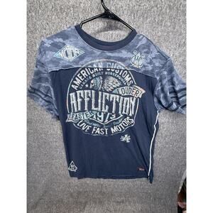 Affliction Shirt Mens Large Blue American Customs Live Fast Moto Skull Graphic